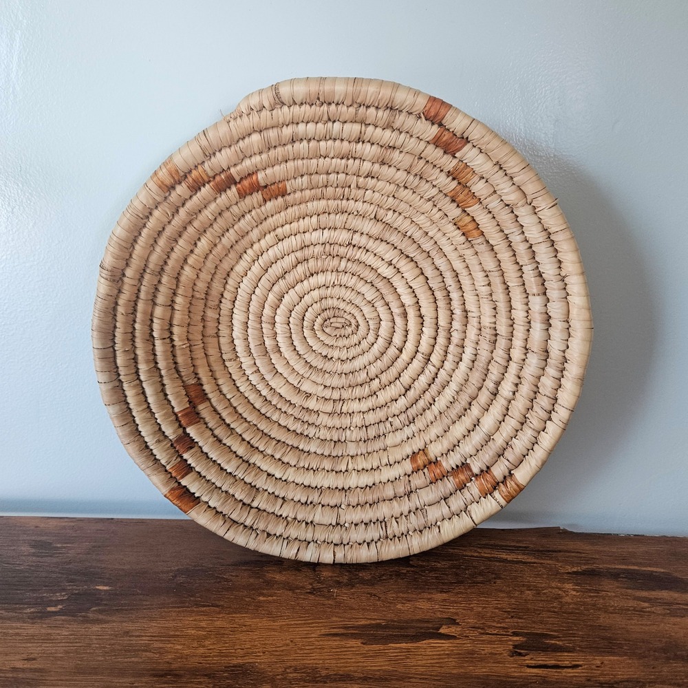 Hand Woven Coiled Grass Shallow Basket Bowl Natural Beige Burnt Orange Native